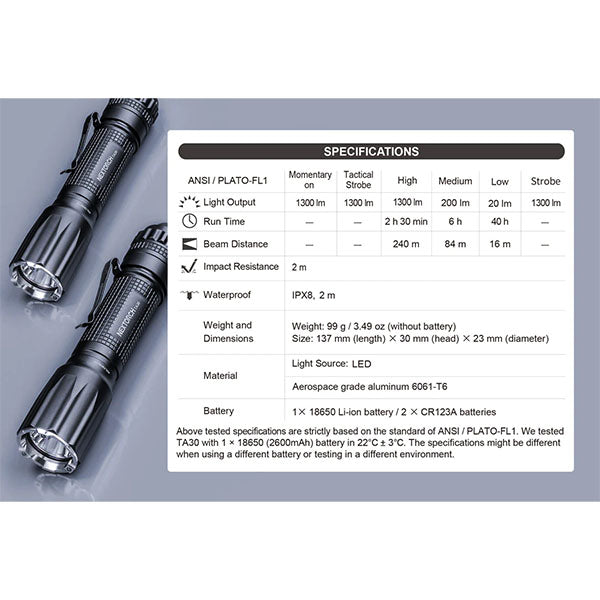 Torcia tattica a LED TA30 V2.0, 1.300 lumen (batteria inclusa)