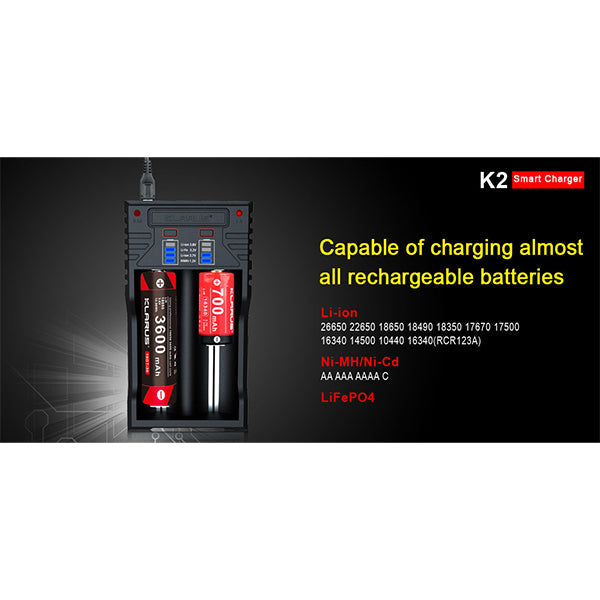 Caricabatterie K2 per 2 batterie con cavo USB 