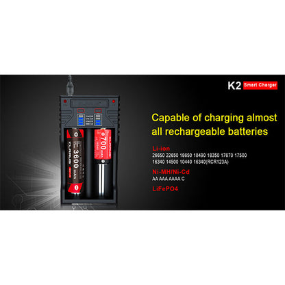 Caricabatterie K2 per 2 batterie con cavo USB 