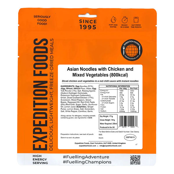 EXPEDITION FOODS, Nouilles asiatiques au poulet et légumes mélangés (800 kcal) [Sans produits laitiers]