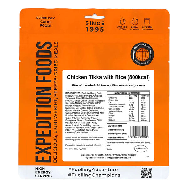 EXPEDITION FOODS, Poulet Tikka avec Riz (800 kcal) [Sans Gluten]