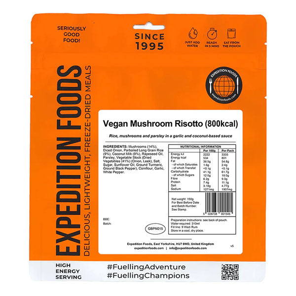 EXPEDITION FOODS, Vegan Mushroom Risotto (800 kcal) [Vegan, Gluten & Dairy Free]