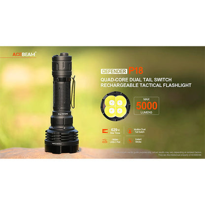 Torcia tattica LED P18 QUAD-CORE, 5.000 lumen (batteria inclusa)