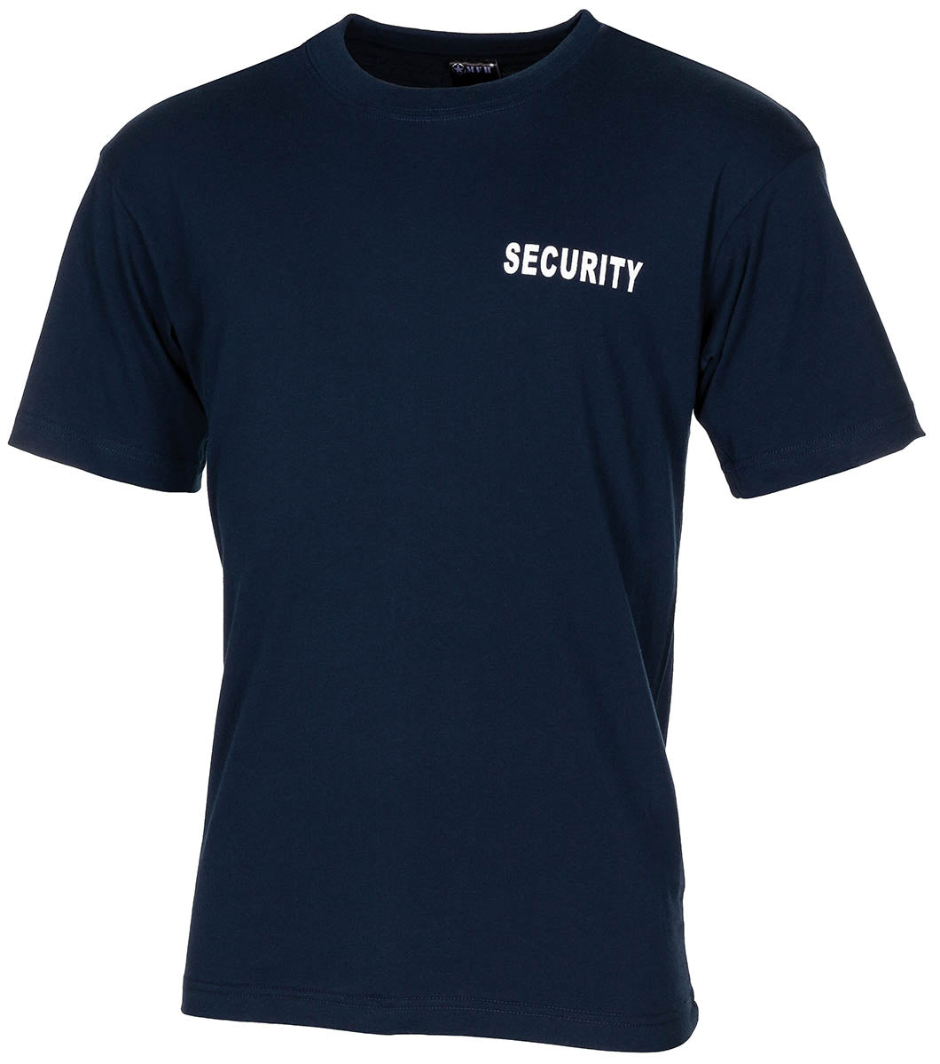 T-shirt, blu, "Security", stampata