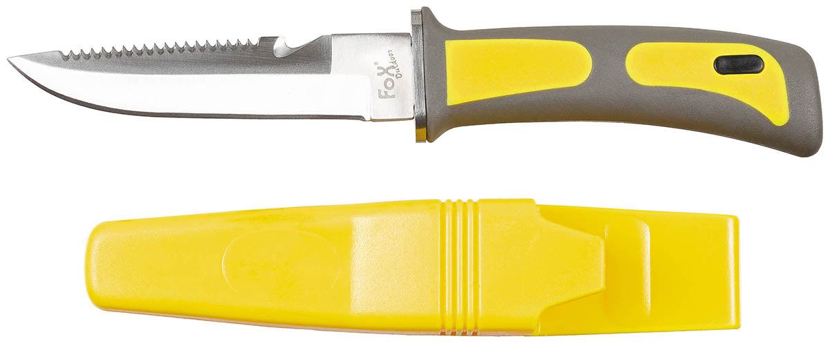 Coltello da sub, giallo-nero, manico in gomma, fodero