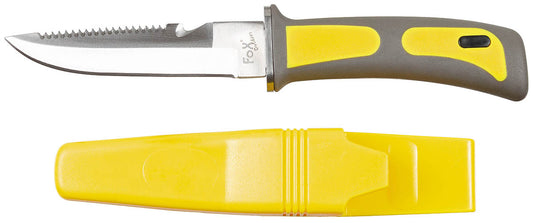 Coltello da sub, giallo-nero, manico in gomma, fodero