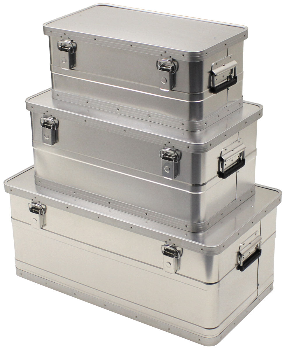 Caisses de transport, aluminium, lot de 3, 34 l, 55 l, 100 l